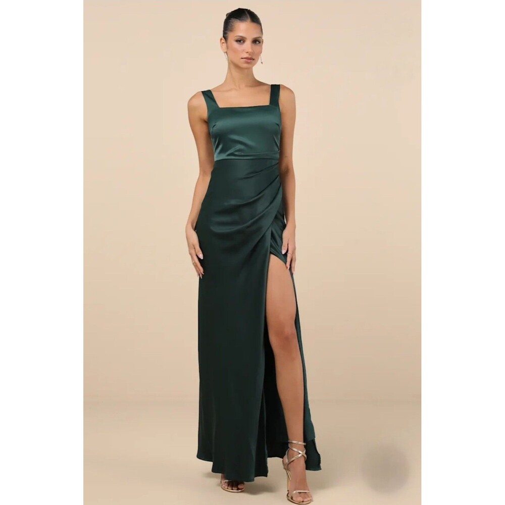 Lulus Red Carpet Romance Maxi Dress Womens Medium Green Satin Square Neck